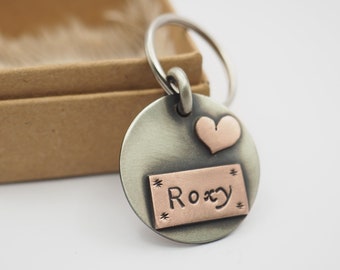 Dog id tag, silver dog tag, dog collar tag, id tag for dog, round id tag, dog id, id tag, custom tag, personalized id tag, pet tag, heart