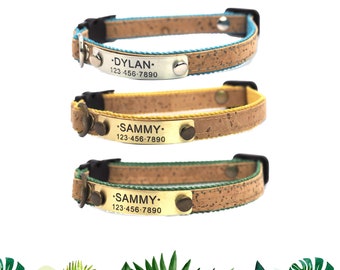 Safety Clasp Cat Collar Personalized with Name ID tag, Lightweight soft cat collar in blue green yellow cork and cotton, Breakaway Kitten