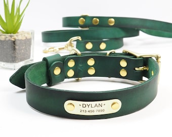 Dog Collar and Leash Set in Green Leather, Handmade and Custom with Name Tag ID, For Small, Medium and Large Dog, Puppy, Boy or Girl