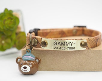 Cat or Small Dog Collar with Bell Bear, Personalized with Name ID Tag in Cork, Non Breakaway or Breakaway for Cat, Fun Bell Cute Kitten