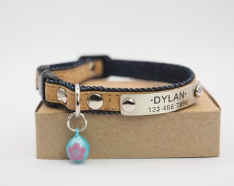 Cat or Small Dog Collar with Bell Personalized with Name ID Tag, in Cotton Denim & Cork, Jeans Custom and Soft for Cat, Kitten or Small Dog