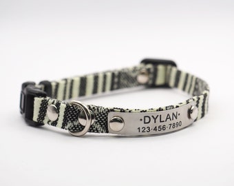 Black & Off White Collar, Cat Collar, Personalized Cat Collar, Cat name plate collar, Small Dog Collar, Breakaway collar, Cat id tag