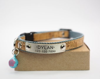 Cat Collar with Bell  Personalized with Name ID Tag, in Cotton Denim & Cork, Custom and Soft for Cat, Kitten or Small Dog