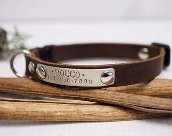 Leather Cat Collar Breakaway Cat Collar Leather Crazy Horse Personalized Pet Breakaway Gift For