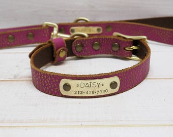 Leather Dog Collar, Dog Collar, Dog Collar Leather, Collar Leash Set, Fuchsia Leather Collar, Dog Collar Personalized, Dog Gift, Free Id Tag