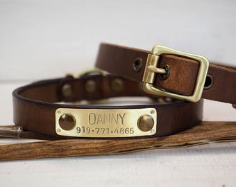 Collar para perros, collar hecho a mano, collar de cuero, etiqueta de identificación de perro, collar de cuero personalizado, collar de cuero rústico, cuero marrón rústico, regalo para perros.