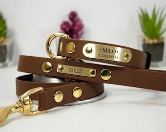 Dog Collar & Leash Set, Vegan Leather Dog Collar, Waterproof Dog Collar, Waterproof Leash, Personalized Collar, Personalized Leash