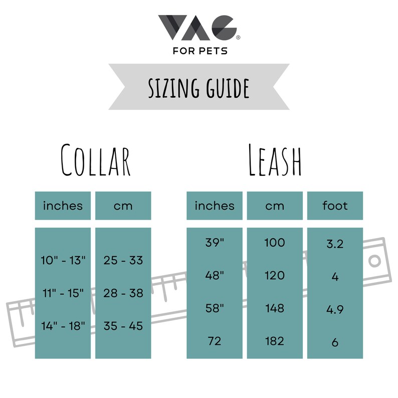 May include: A sizing guide for collars and leashes for pets. The chart shows measurements in inches and centimetres for collars and inches, centimetres, and feet for leashes.