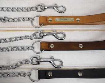 Dog Leash, Chain and leather Dog Leash, Dog Leash Leather, Personalized dog leash, Dog name plate, Strong Leather Dog Leash, dog lead