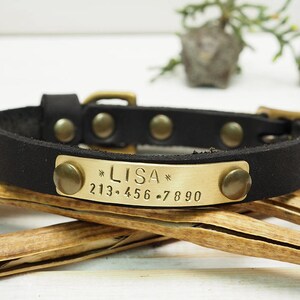 K&ouml;nnte beinhalten: Schwarzes Lederhundekragen mit einem Messing-Namensschild mit der Aufschrift "*LISA* 213-456-7890".