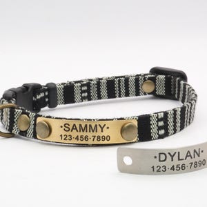 Könnte beinhalten: Schwarzes und weiß gestreiftes Stoffhundehalsband mit einem goldenen Namensschild, auf dem "SAMMY" und eine Telefonnummer stehen. Ein silbernes Namensschild mit der Aufschrift "DYLAN" und einer Telefonnummer ist ebenfalls zu sehen.