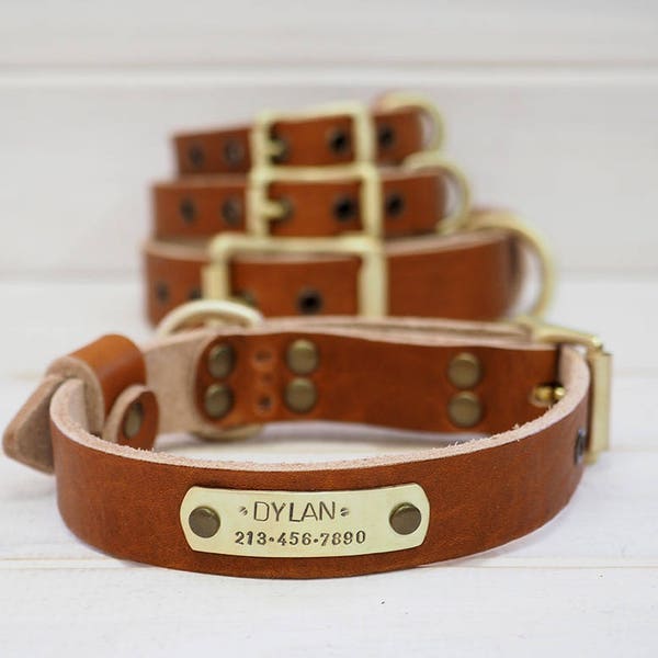 Personalized Tan Leather Dog Collar: Handmade Brass ID Tag