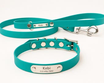 Personalized Waterproof Vegan Leather Dog Collar and Leash Set
