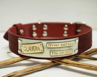 Dog Collar For Medium & Large dog ,Leather dog collar, Dog Collar, Leather Collar, Personalized Dog Collar, Dogs Name Plate, Red Collar.