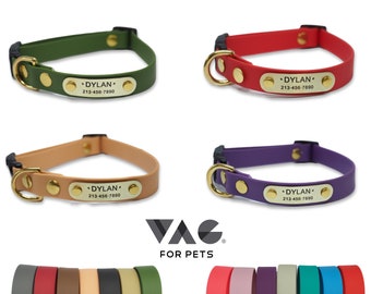 Waterproof Dog Collar Personalized with Name ID Tag, Vegan Leather Custom Dog Collar in Fun Colors for Dog or Puppy, Cute Dog Collar