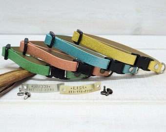 Cat & Small Dog Collar Personalized with Name ID, Custom in Green - Salmon - Light Blue and Yellow, with Breakaway or Non-Breakaway Buckle,