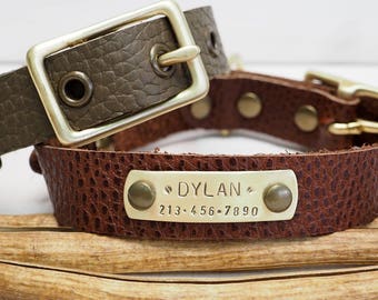 Custom Engraved Leather Dog Collar, Personalized Dog Collar, Pet Gift, Dogs Name Plate,  Rustic Brown, Small Dog collar, Olive Green Collar