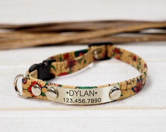Cat Collar Custom, Personalized with Name ID-Tag - Flowers Print on Lightweight Cork - Spring Summer Floral Design Cat, Kitten and Small Dog