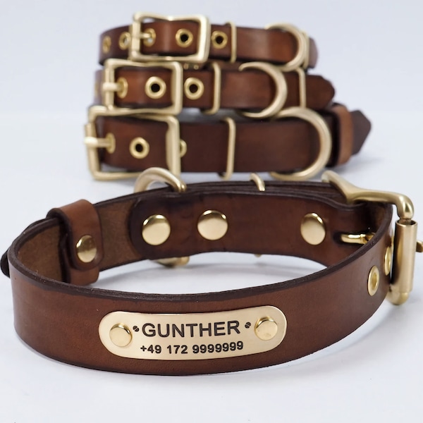 Personalized Leather Dog Collar: Custom ID Tag, Brown Full Grain Leather, Handmade