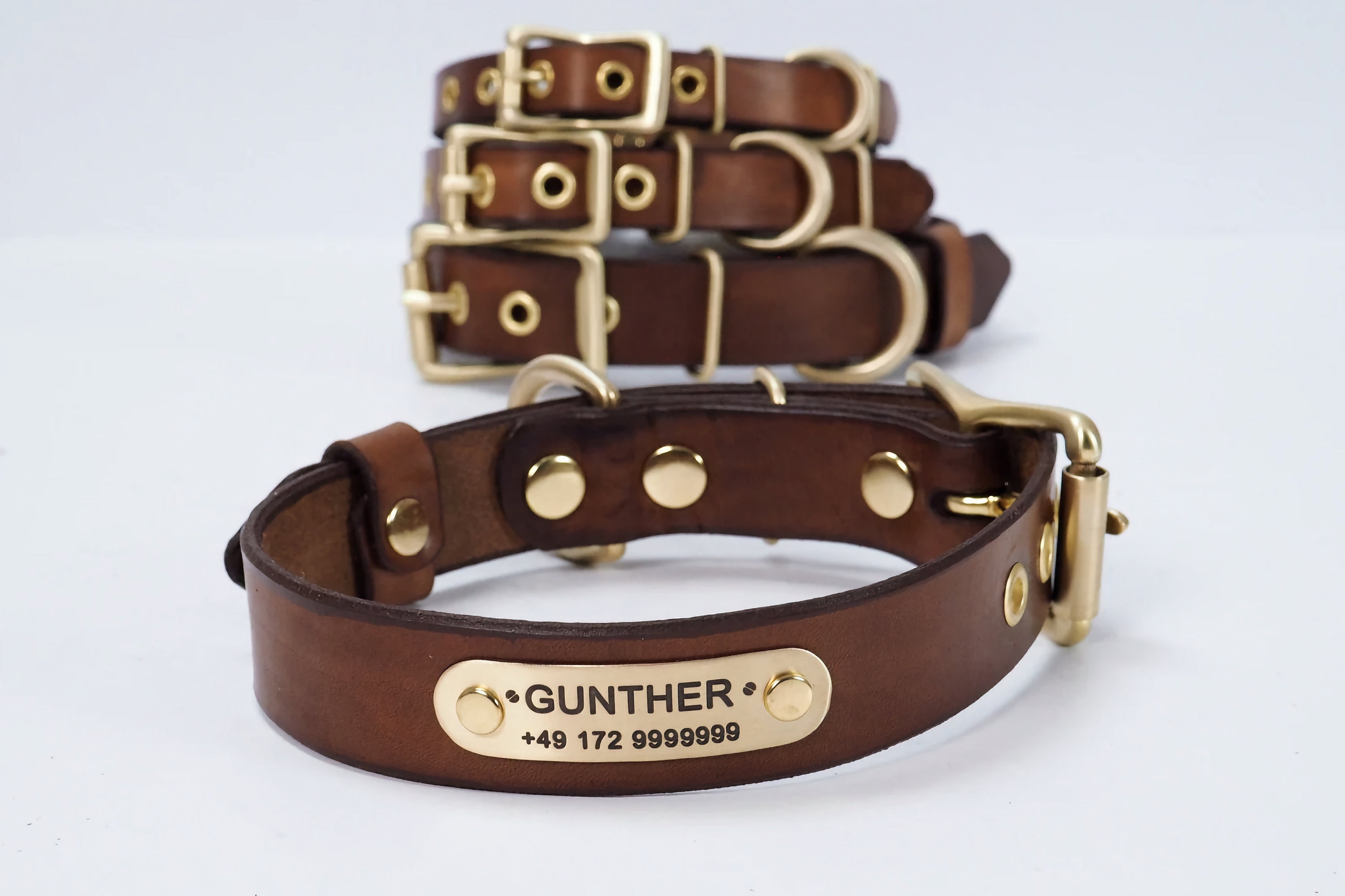 Leather 3/4 wide Dog Collar with D ring O ring & Custom Brass Name Plate  Id Tag