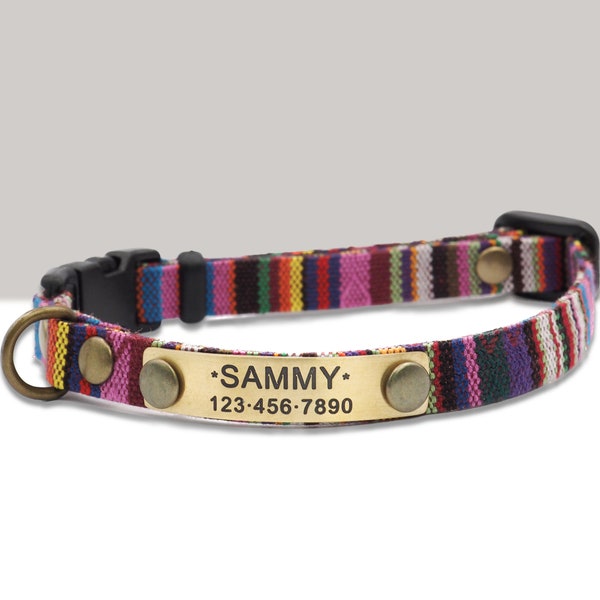 Personalized Cat Collar: Engraved ID Tag, Boho Cotton, Breakaway Buckle