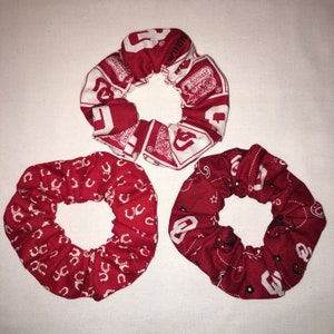 Oklahoma Sooners Hair Scrunchies Wristbands 3 Pack Hand Made in the USA **Free Shipping**