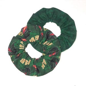 May include: Two green scrunchies. One is solid green, the other has a pattern of a dinosaur with red teeth and the letters "AB" in a tan color. The scrunchies are made of fabric and are circular in shape.