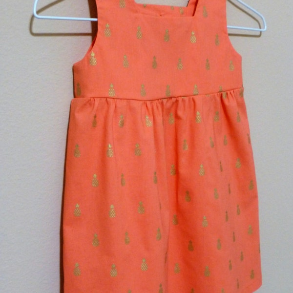 Girl's coral pineapple print dress with back cut-out detail-see measurements