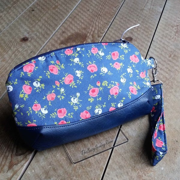 Clutch Bag, Wristlet, Roses on Blue with Navy Blue Vinyl, Evening Bag, Small Handbag