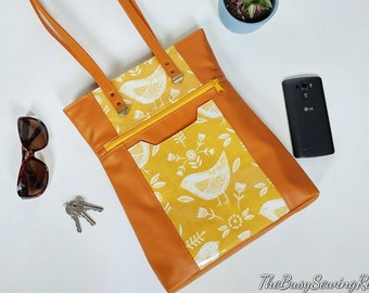 Yellow Folk Bird Shoulder Tote