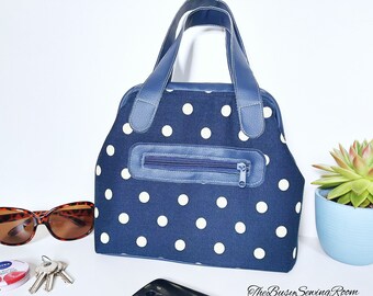 Navy Polka Dot Canvas Handbag, Carpet Bag, Frame Bag, Mary Poppins Bag