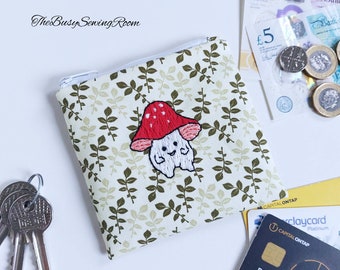 Hand Embroidered Toadstool Coin Purse, Zipper Pouch