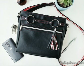 Black Faux Leather Handbag with Red Contrast Stitching