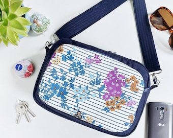 Nautical Blossom Crossbody Bag, Navy Blue Floral Handbag, Compact Ladies Bag