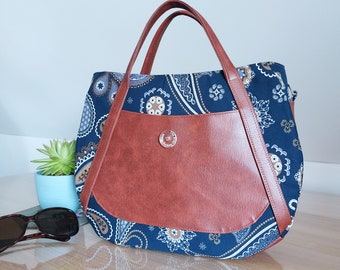 Blue Paisley and Brown Faux Leather Handbag