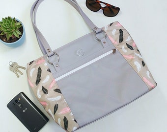 Grey Faux Leather Shoulder Tote Bag with Feather Print