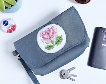 Blue Rose Clutch Bag, Evening Bag, Hand Stitched Wristlet