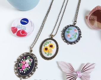 Hand Embroidered Necklace, Floral Pendants, Embroidery Jewellery