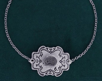 Bracelet rétro avec motif de malachite, pour collectionneur de pierres, amateur de minéraux, fabrication française, argent massif patiné