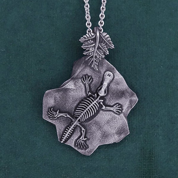 Pendentif homme original, pendentif femme en argent massif, fossile d'ornithorynque, cabinet de curiosités, création française en argent 925