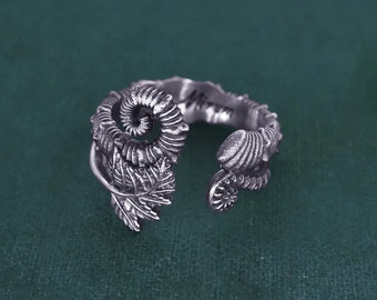 Unrolled ammonite and ferns ring, cabinet of curiosities spirit, patinated silver, Ammonoidea