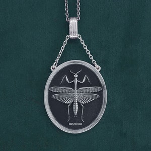 Praying mantis pendant, entomology antique style, in sterling silver | Mantis