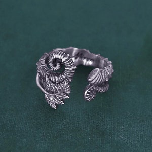 Unrolled ammonite and ferns ring, cabinet of curiosities spirit, patinated silver, Ammonoidea