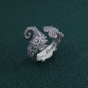 Unrolled ammonite and ferns ring, cabinet of curiosities spirit, patinated silver, Ammonoidea