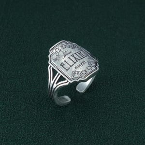 Bottle label ring, wicca, witchcraft & wizard spirit, sterling silver | Elixir