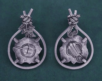 Horseshoe crab and trilobite fossil earrings, with fern leaves, 925 silver, Limulidae & Trilobita