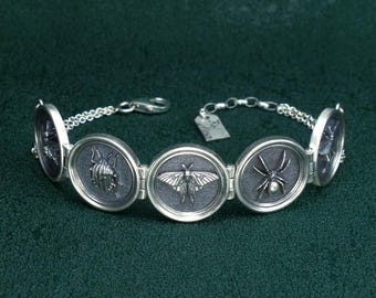 Bracelet insects cabinet of curiosities, spider, bee, butterfly in silver | Insecta