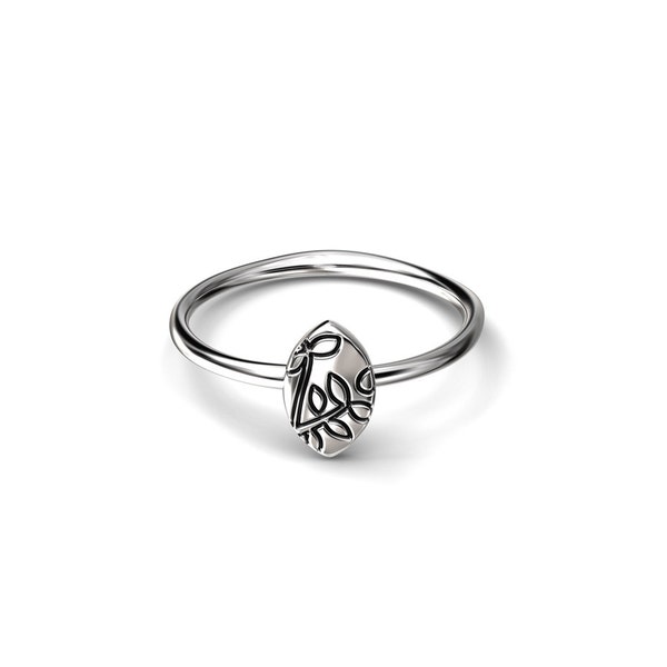 Bague nature, motifs gravés oiseau et branches, argent 925 fait en France