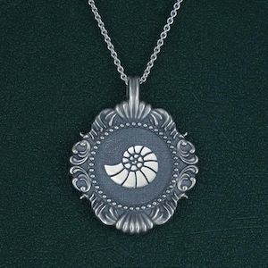 Nautilus fossil pendant, castle, ammonite shell, marine jewelry, 925 silver