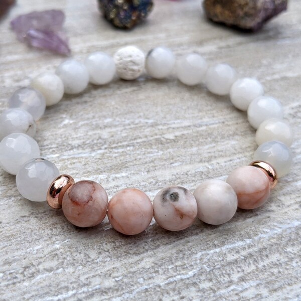 JASPER and Agate Bracelet Pink and white Bracelet |  Gemstone Bracelet |  Jewelry Aromatherapy Diffuser Bracelet | Healing crystal bracelet